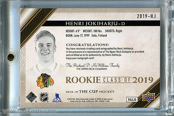 Henri Jokiharju 2018-19 The Cup Rookie Class of 2019 #2019-HJ Gold /75