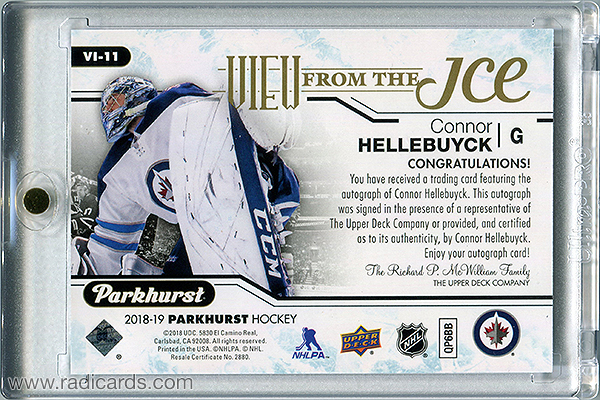 Connor Hellebuyck 2018-19 Parkhurst View from the Ice #VI-11 Autographs