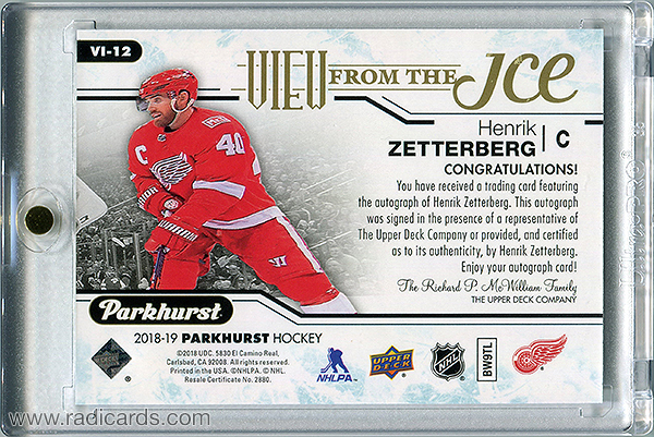 Henrik Zetterberg 2018-19 Parkhurst View from the Ice #VI-12 Autographs