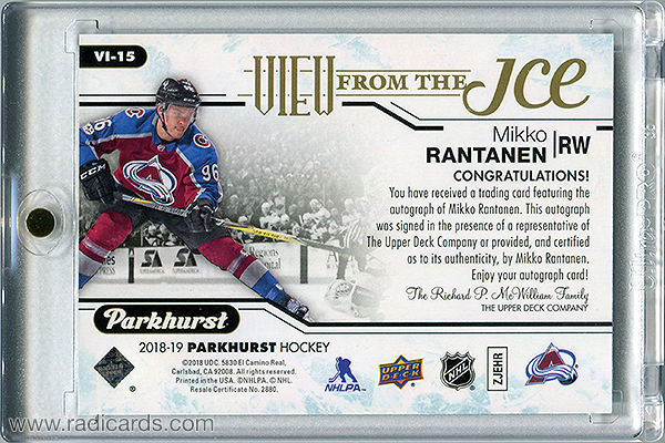 Mikko Rantanen 2018-19 Parkhurst View from the Ice #VI-15 Autographs