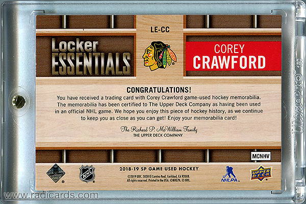 Corey Crawford 2018-19 SP Game Used Locker Essentials #LE-CC Premium Materials /5